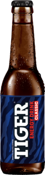 Butelka Tiger Classic Energy Drink 330 ml, brązowe szkło z rosą, niebieska etykieta z białym napisem.