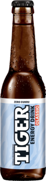 Zroszona, brązowa szklana butelka Tiger Classic Energy Drink Zero Cukru 330ml, z niebieską etykietą, widok z przodu.