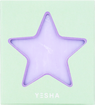 Świąteczne mydło YESHA Magnolia z masłem shea w miętowym pudełku, z fioletową gwiazdką, widok z przodu.