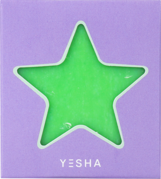 Wegańskie mydło YESHA w kształcie zielonej gwiazdy, Papaja i Guarana, widoczne w fioletowym pudełku.