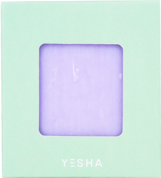 Wegańskie mydło w kostce YESHA różane w jasnozielonym pudełku z wycięciem na fioletową kostkę.