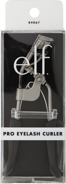 Zalotka do rzęs e.l.f. Pro Eyelash Curler w przezroczystym opakowaniu, srebrna, z czarnymi rączkami, widok z przodu.