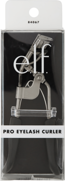 Zalotka do rzęs e.l.f. Pro Eyelash Curler w przezroczystym opakowaniu, srebrna, z czarnymi rączkami, widok z przodu.