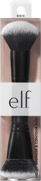 Pędzel e.l.f. Cosmetics Camo Liquid Bronzer & Contour Duo, czarno-biały, dwustronny, w przezroczystym opakowaniu.