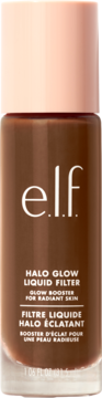 e.l.f. Halo Glow Liquid Filter, rozświetlacz do twarzy w brązowej butelce, widok z przodu na białym tle.