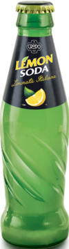 Crodo Lemon Soda w zielonej butelce z wyraźną, pofalowaną teksturą, czarna etykieta z cytryną.
