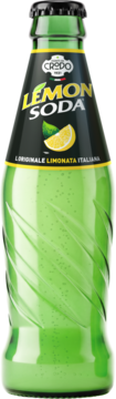 Zielona butelka Crodino Lemon Soda z limonadą włoską, z etykietą i plasterkiem cytryny, widok z przodu.