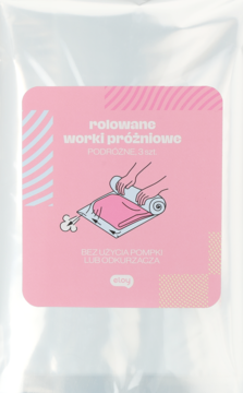Eloy Worki kompresyjne 40x60 3 szt. w opakowaniu, różowa etykieta z ilustracją rąk rolujących worek próżniowy bez pompki.