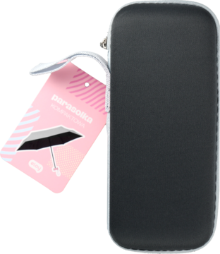 Eloy mini parasol kieszonkowy różowy, częściowo wysunięty z czarnego etui, z napisem "parasolka".