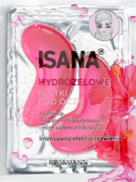 Isana hydrożelowe płatki pod oczy z kofeiną, kwasem hialuronowym i hibiskusem w srebrnym opakowaniu, widok z przodu.