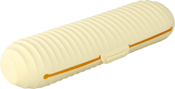 Eloy etui na pędzle w kolorze kremowym, karbowane, z pomarańczowym paskiem, widok z boku pod kątem.