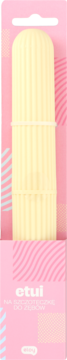 Eloy etui na szczoteczki do zębów, jasnokremowe, w różowym opakowaniu z wieszakiem, widok z przodu.