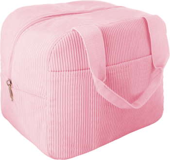 Różowy lunchbox Eloy z tkaniny w prążki, z zamkiem błyskawicznym i uchwytem, widok z przodu pod kątem.