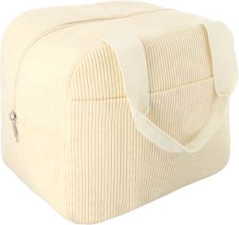 Eloy Lunchbox 26x18x21cm, kremowy, prostokątny, z prążkowanego sztruksu, widok z boku z uchwytem i zamkiem.