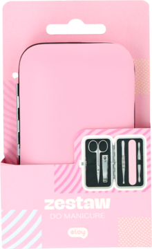 Eloy Zestaw do manicure w różowym etui, w kartonowym opakowaniu, z widokiem srebrnych narzędzi.