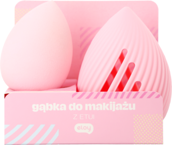Różowa gąbeczka Eloy do makijażu z ryflowanym etui, widoczna z przodu obok drugiej gąbeczki na opakowaniu.