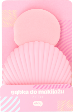 Eloy Gąbeczka do makijażu w jasnoróżowym kolorze, w otwartym, różowym etui w kształcie muszli, widok w opakowaniu.