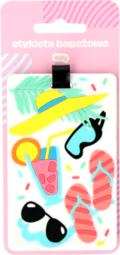 Eloy etykieta bagażowa, wzór 2: kolorowy motyw letni z żółtym kapeluszem, różowym koktajlem, czarnymi okularami, japonkami. W przezroczystym opakowaniu.