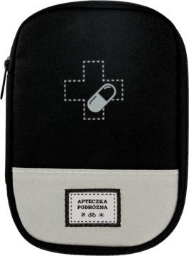 Czarna apteczka Eloy z jasnoszarym dnem, ozdobiona białym krzyżem z pigułką. Napis: Apteczka Podróżna.