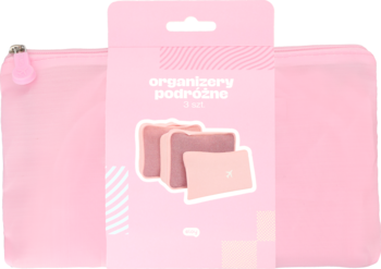 Różowe, przezroczyste organizery podróżne Eloy, 3 sztuki, prezentowane w opakowaniu i luźna kosmetyczka.