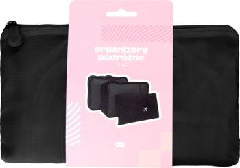 Zestaw 3 czarnych organizerów podróżnych Eloy, z różowo-białym opakowaniem na środku i dwoma organizerami po bokach.