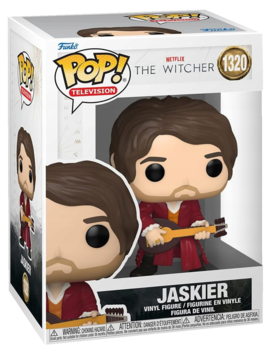 Funko Pop! figurka Jaskiera (Wiedźmin) w pudełku, widok przód, w czerwonym stroju, z lutnią.