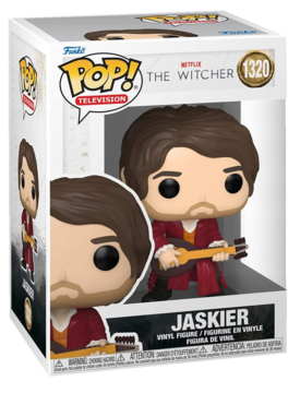 Funko Pop! figurka Jaskiera (Wiedźmin) w pudełku, widok przód, w czerwonym stroju, z lutnią.