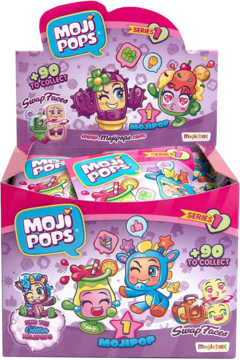 Display Moji Pops surprise bags, seria 1, z 24 sztukami. Kolorowe figurki z wymiennymi twarzami, widok z przodu.