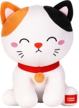 Uroczy pluszowy kotek Kawaii Cuddles, biały z rudymi i czarnymi łatami, w czerwonej obroży z dzwonkiem.