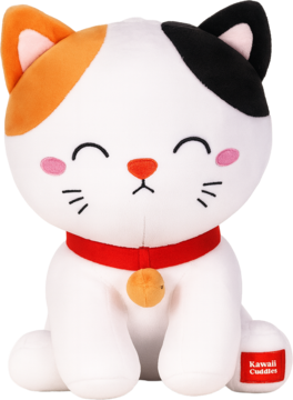 Uroczy pluszowy kotek Kawaii Cuddles, biały z rudymi i czarnymi łatami, w czerwonej obroży z dzwonkiem.