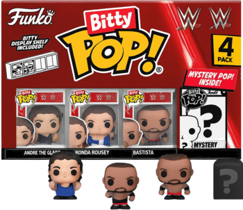 Czerwony 4-pak Funko Bitty Pop! WWE: Andre The Giant, Ronda Rousey, Batista i figurka-niespodzianka.