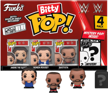 Czerwony 4-pak Funko Bitty Pop! WWE: Andre The Giant, Ronda Rousey, Batista i figurka-niespodzianka.