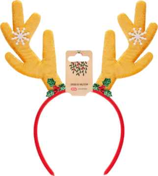 Czerwona opaska do włosów z pluszowymi, żółtymi rogami renifera, białymi śnieżynkami i ostrokrzewem.