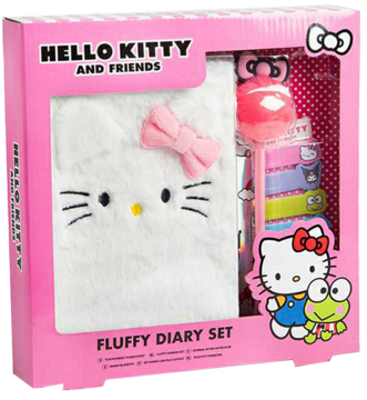 Różowy zestaw Hello Kitty & Friends: pluszowy pamiętnik z akcesoriami, długopisem i naklejkami w pudełku.