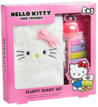 Różowy zestaw Hello Kitty & Friends: pluszowy pamiętnik z akcesoriami, długopisem i naklejkami w pudełku.