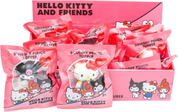 Różowe pudełko ekspozycyjne z saszetkami Hello Kitty & Friends figurki squishy blind bag. Widać m.in. Kuromi.