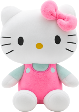Biała pluszowa Hello Kitty z różową kokardą, w błękitnej koszulce i różowych ogrodniczkach, widok z przodu.