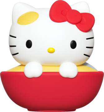 Urocza biała figurka Hello Kitty z czerwoną kokardą i żółtym nosem, wystająca z czerwonej miski. Kolekcjonerska.