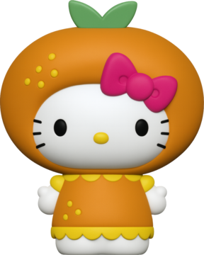 Figurka Hello Kitty w pomarańczowym kostiumie owocowym, z zielonym listkiem i różową kokardą, widok z przodu.