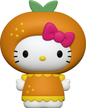 Figurka Hello Kitty w pomarańczowym kostiumie owocowym, z zielonym listkiem i różową kokardą, widok z przodu.