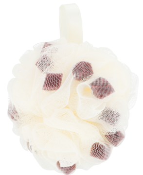 ELOY myjka do kąpieli 30g, kremowa z brązowo-fioletowymi kwadratowymi gąbeczkami, okrągła, widok z przodu.