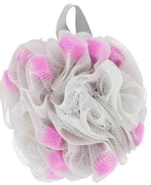 ELOY myjka do kąpieli 30g, kulista, biało-różowa, z puszystej siateczki, z pętelką do zawieszania.