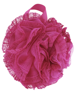 ELOY myjka do kąpieli, fuksjowa, puszysta siateczka z koronką i tasiemką, widok z przodu na czarnym tle.