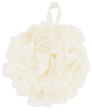 ELOY myjka do kąpieli 50g, kremowa z falbanami, koronkowym brzegiem i pętelką do zawieszenia.