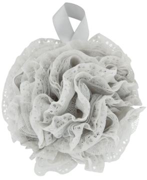 ELOYY myjka do kąpieli 50g szara, puszysta, z koronkowym wzorem siateczki i białą tasiemką. Widok z przodu.