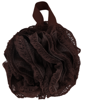 ELOY myjka do kąpieli 50g koronka choco, marszczona siateczka, z uchwytem, widok z przodu.