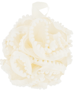 ELOY myjka do kąpieli 50g, kremowa, o puszystej teksturze z pomponikami. Widoczna pętelka do zawieszenia.