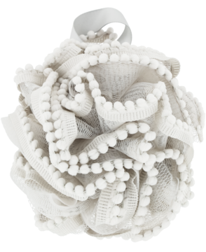 ELOY myjka kąpielowa 50g, szara, puszysta, z siateczki i białych pomponików, widok z przodu.