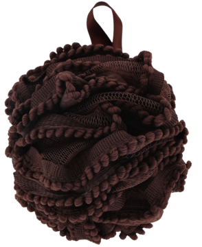 Czekoladowa myjka ELOY do kąpieli 50g, puszysta siateczka z wyraźnymi pomponami, na czarnym tle.