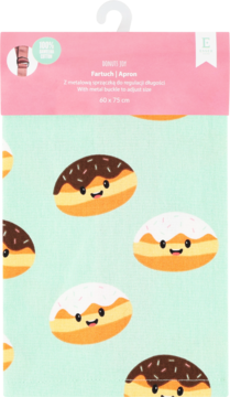 Miętowy fartuch bawełniany w uśmiechnięte pączki z polewą czekoladową, widok z góry z częścią opakowania.